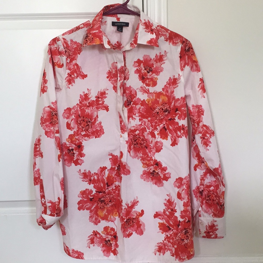 Lands end blouse - White with Red flowers